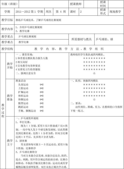 乒乓球教练备课教案